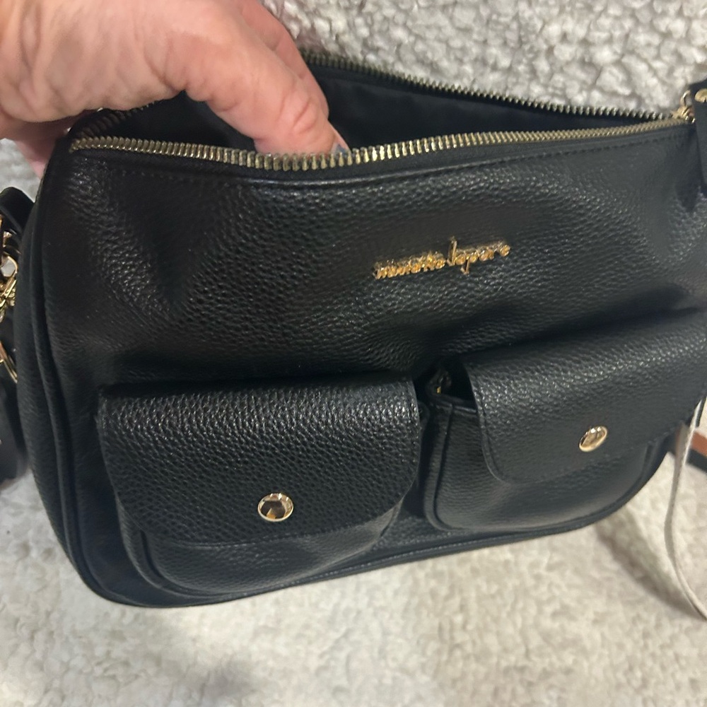 Nanette Lepore Black and Gold Crossbody Bag with Textured Leather